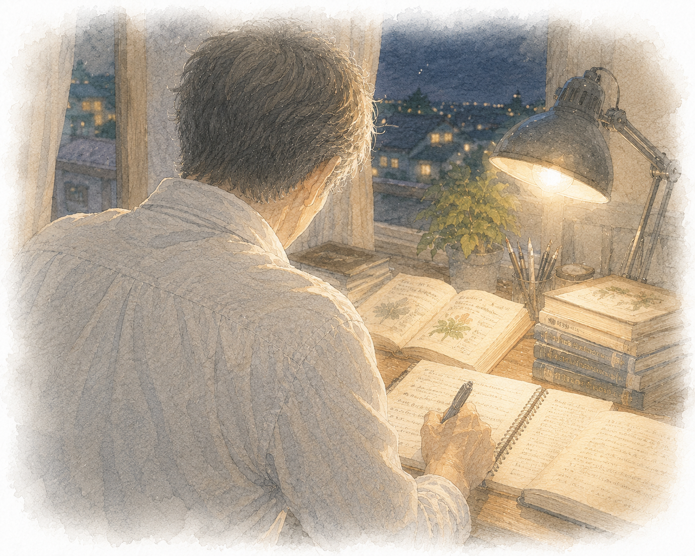 机に向かい考えを書き留める人物の後ろ姿