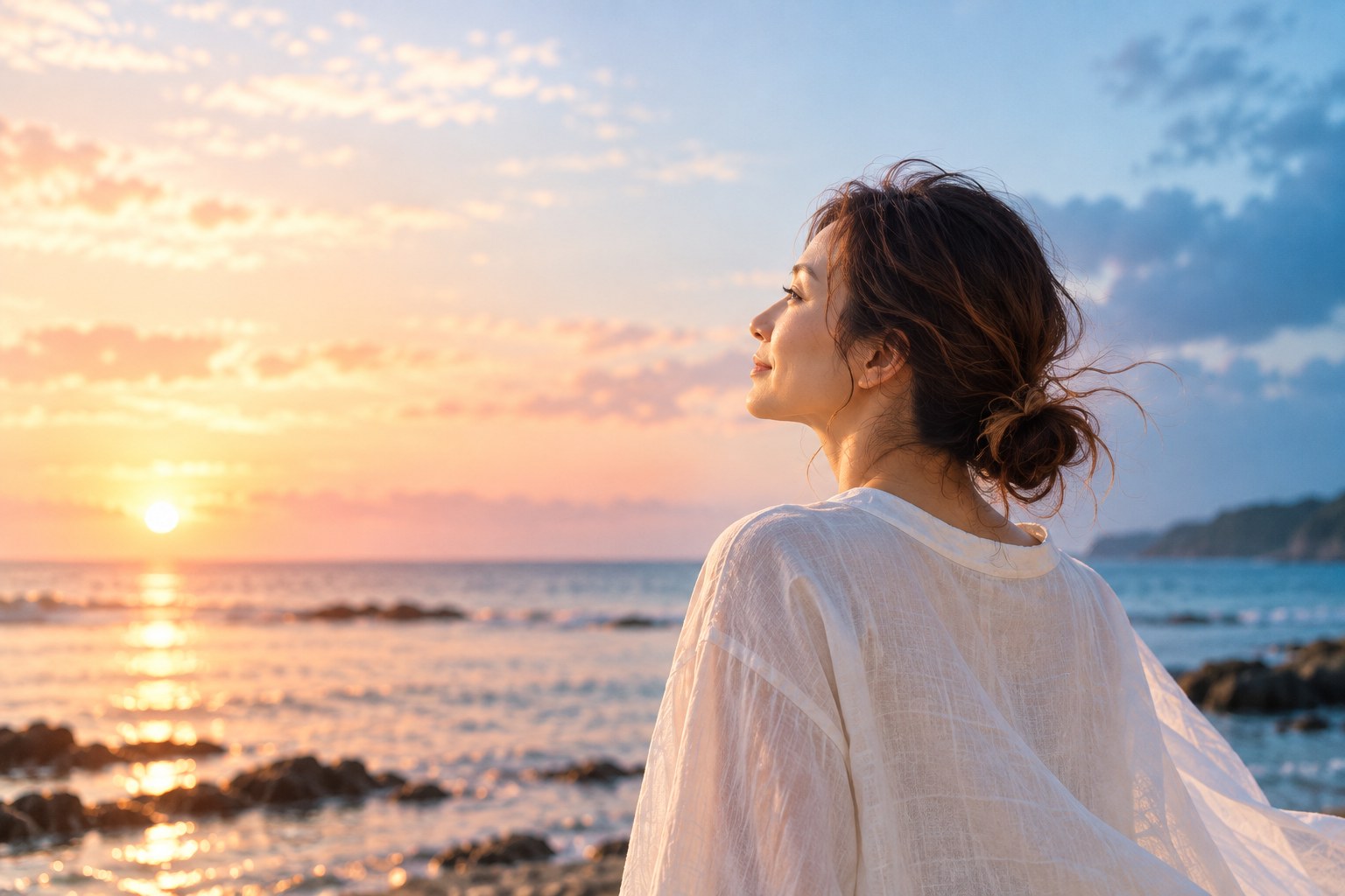 沖縄の海辺で朝夕の光を感じる女性